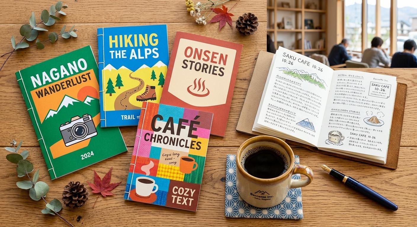 カフェのテーブルに並べられた旅や温泉、カフェをテーマにしたZINE